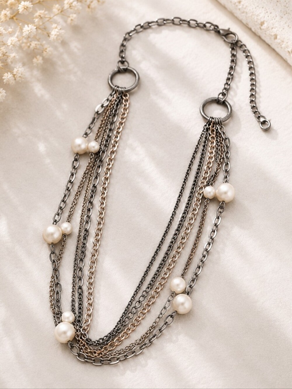 Mixed Metal Layered Chain Necklace Faux Pearl Multi Strand Statement